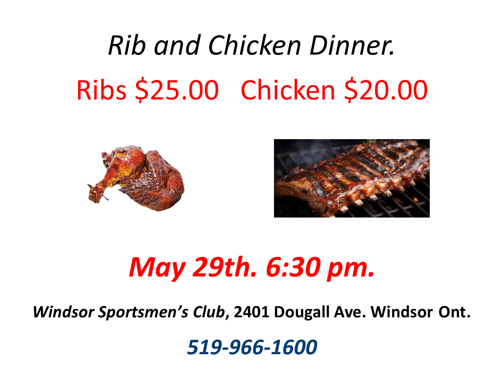 Rib & Chicken dinner May 29th  2026 6:30